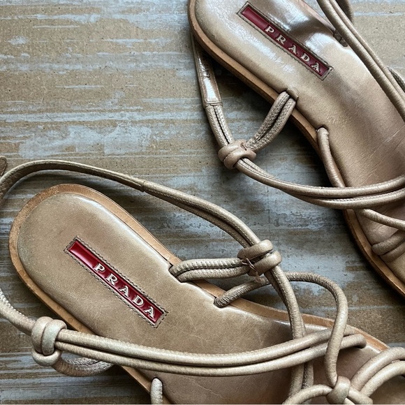 Prada Knotted Leather Sandals Boho Gladiator Preppy Casual Tan Western Womens 6 - Picture 4 of 10